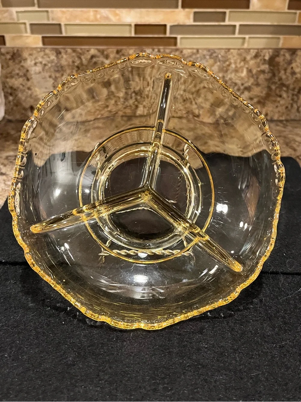Vintage Indiana Glass Amber Scalloped Rim Divided Glass Relish Serving Dish